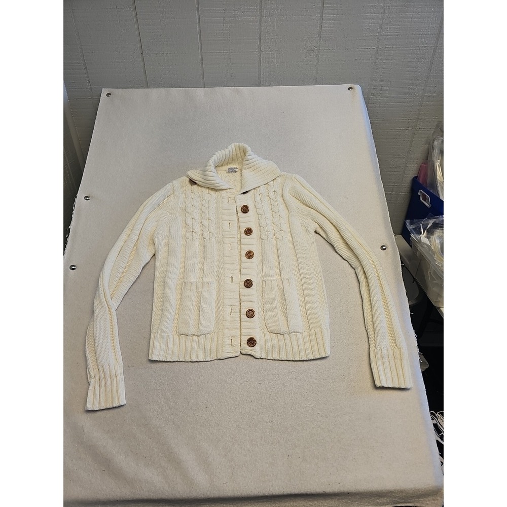 Vtg Cable Knit Hand Loomed Acrylic Chunky Knit Cottage Core Button Cardigan Sz L